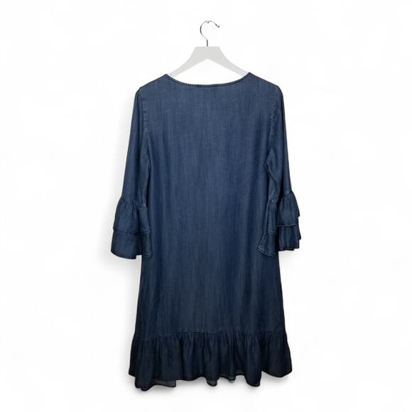 Carré Noir Denim Chambray Dress Ruffled Hem and Cuffs Scoop Neck - Medium - Picture 4 of 6